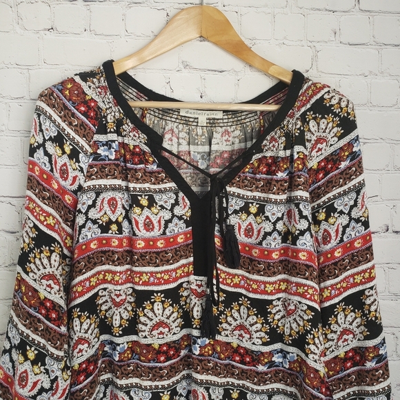 Daniel Rainn Boho Bohemian Flowy Tunic Top Geometric Hippie 70s Long Sleeve - Picture 2 of 10